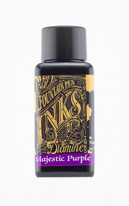 Diamine Majestic Purple fountain pen ink bottle and packaging on a white background.