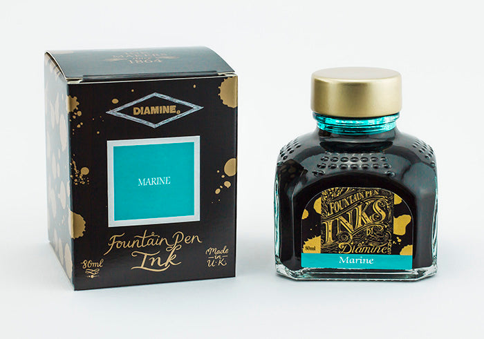 Diamine Marine fountain pen ink bottle and packaging on a white background.