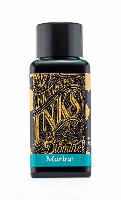 Diamine Marine fountain pen ink bottle and packaging on a white background.