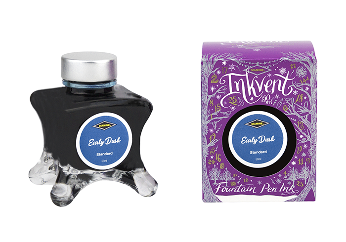 Diamine Early Dusk  fountain pen ink bottle and packaging on a white background.