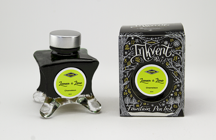 Diamine Lemon & Lime fountain pen ink bottle and packaging on a white background.