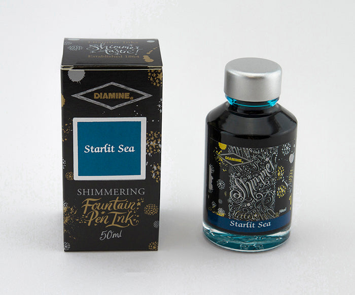 Diamine Starlit Sea fountain pen ink bottle and packaging on a white background.