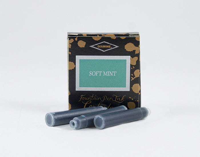 Diamine Soft Mint fountain pen ink cartridges and packaging box on a white background.