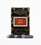 Diamine Warm Brown fountain pen ink cartridges and packaging box on a white background.