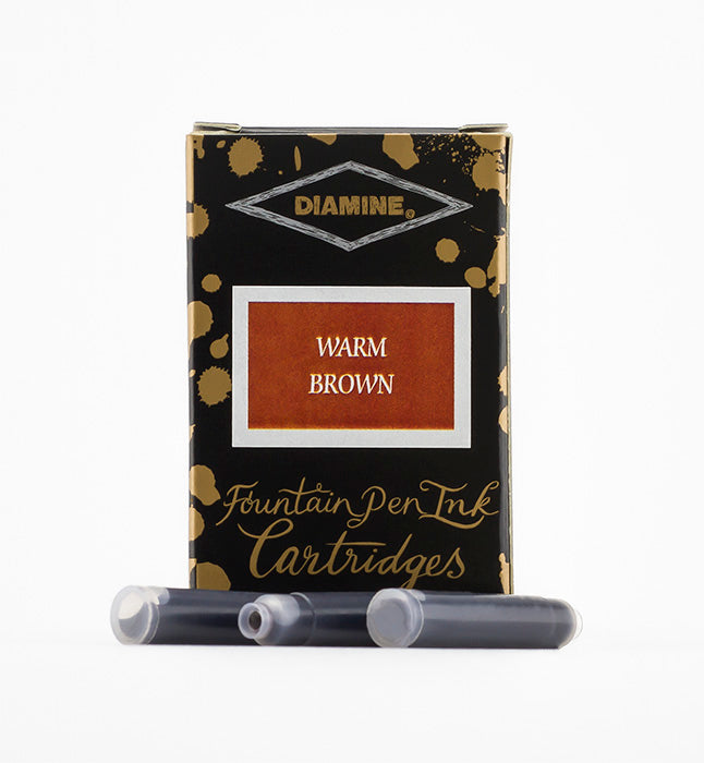 Diamine Warm Brown fountain pen ink cartridges and packaging box on a white background.