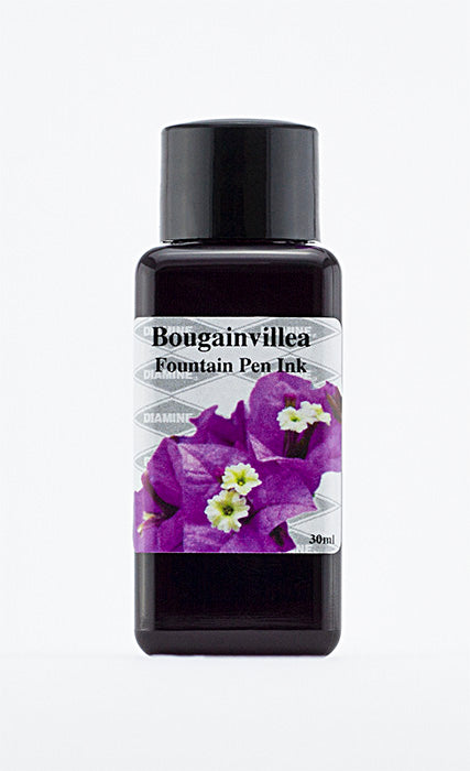 Diamine Bougainvillea fountain pen ink bottle and packaging on a white background.