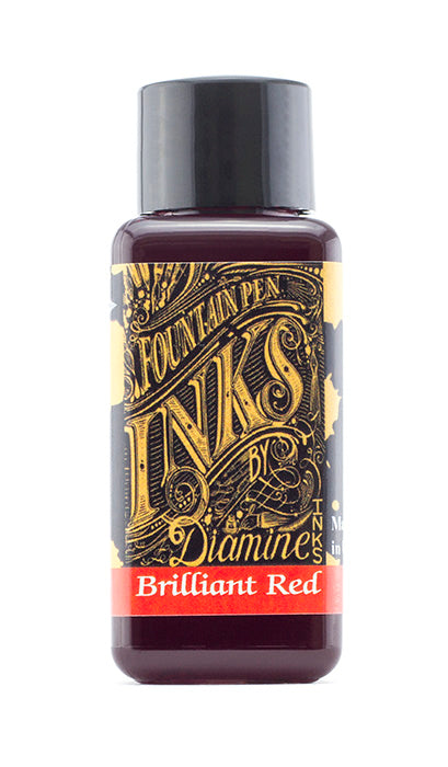 Diamine Brilliant Red fountain pen ink bottle and packaging on a white background.
