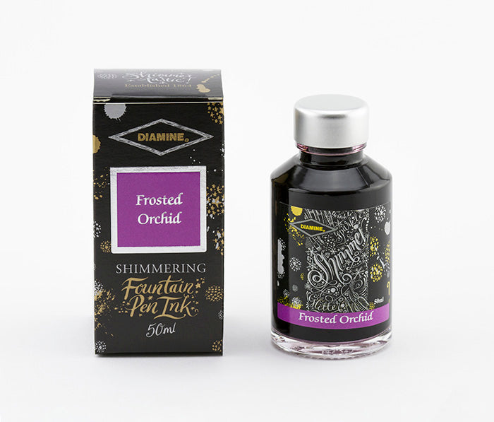 Diamine Frosted Orchid fountain pen ink bottle and packaging on a white background.