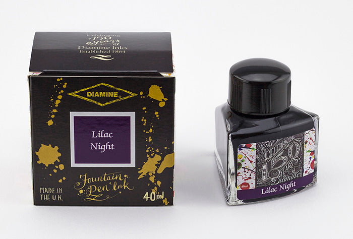Diamine Lilac Night fountain pen ink bottle and packaging on a white background.