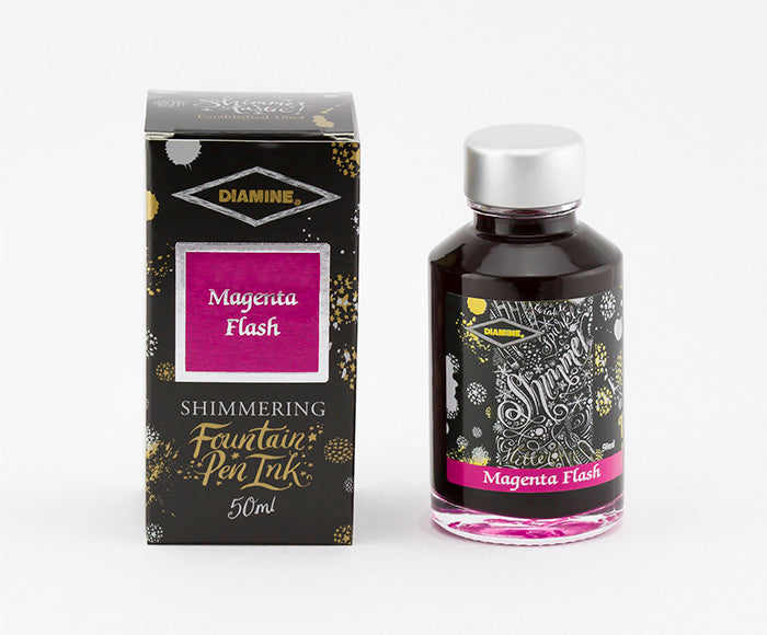 Diamine Magenta Flash fountain pen ink bottle and packaging on a white background.