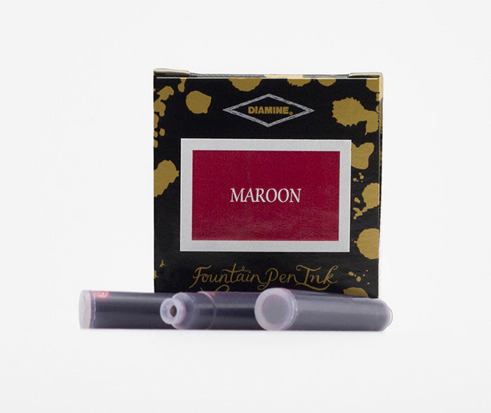 Diamine Maroon fountain pen ink cartridges and packaging box on a white background.