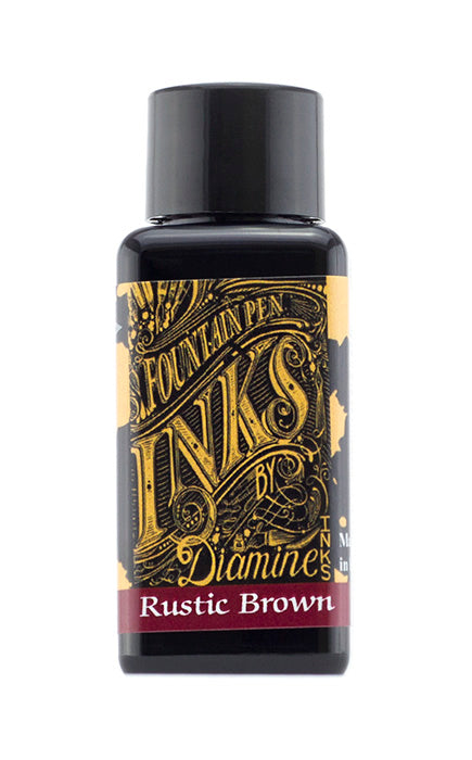 Diamine Rustic Brown fountain pen ink bottle and packaging on a white background.