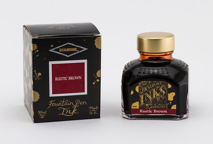 Diamine Rustic Brown fountain pen ink bottle and packaging on a white background.