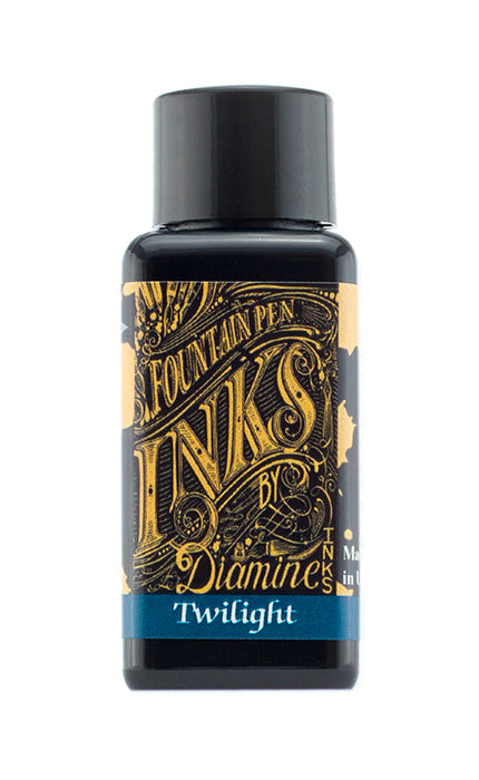 Diamine Twilight fountain pen ink bottle and packaging on a white background.