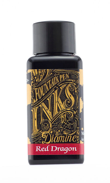 Diamine Red Dragon fountain pen ink bottle and packaging on a white background.