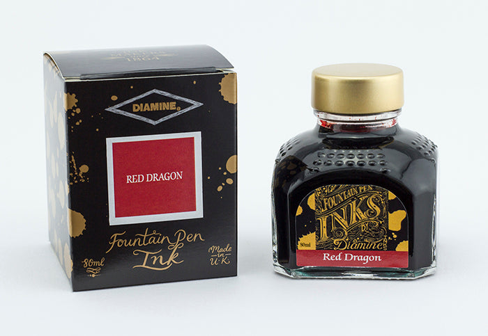 Diamine Red Dragon fountain pen ink bottle and packaging on a white background.