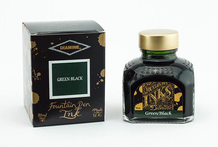 Diamine Green Black fountain pen ink bottle and packaging on a white background.
