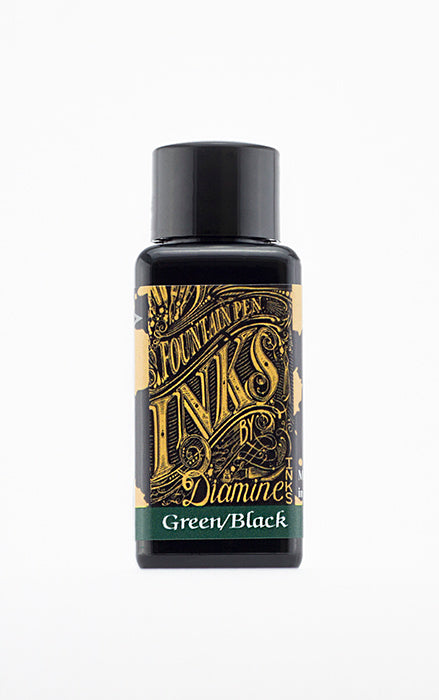 Diamine Green Black fountain pen ink bottle and packaging on a white background.