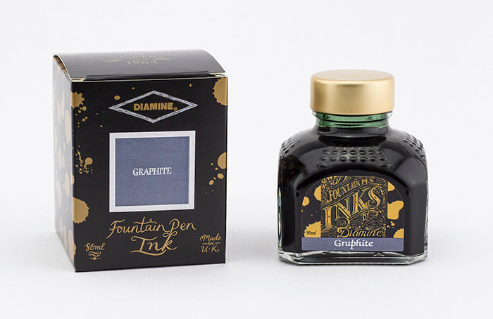Diamine Graphite fountain pen ink bottle and packaging on a white background.
