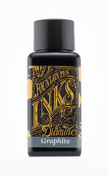 Diamine Graphite fountain pen ink bottle and packaging on a white background.