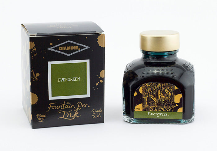Diamine Evergreen fountain pen ink bottle and packaging on a white background.