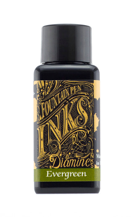 Diamine Evergreen fountain pen ink bottle and packaging on a white background.