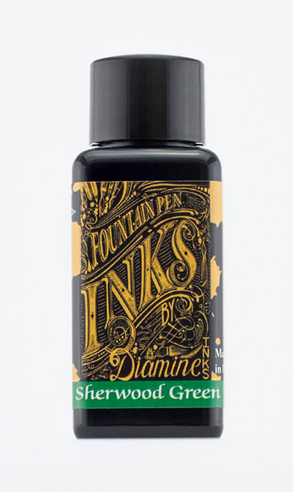 Diamine Sherwood Green fountain pen ink bottle and packaging on a white background.