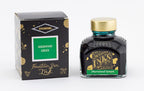Diamine Sherwood Green fountain pen ink bottle and packaging on a white background.