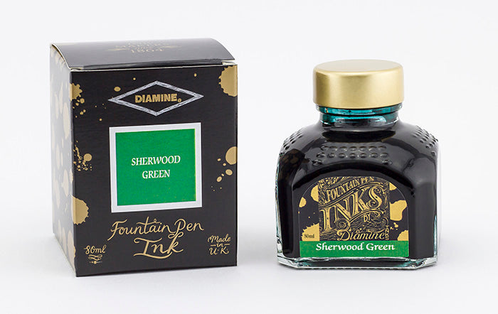 Diamine Sherwood Green fountain pen ink bottle and packaging on a white background.