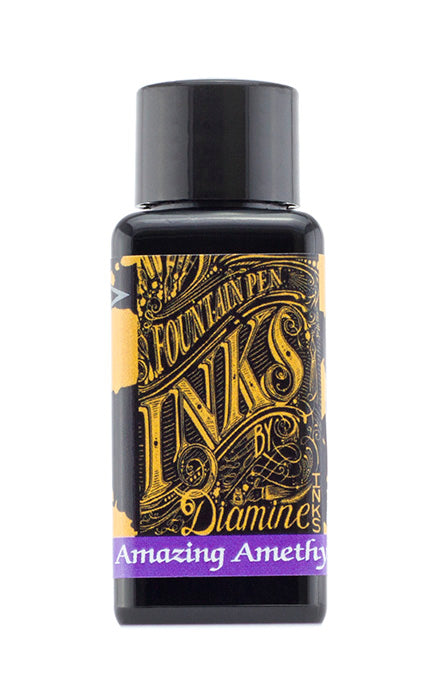 Diamine Amazing Amethyst fountain pen ink bottle and packaging on a white background.