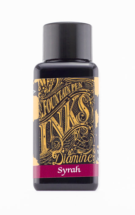 Diamine Syrah fountain pen ink bottle and packaging on a white background.