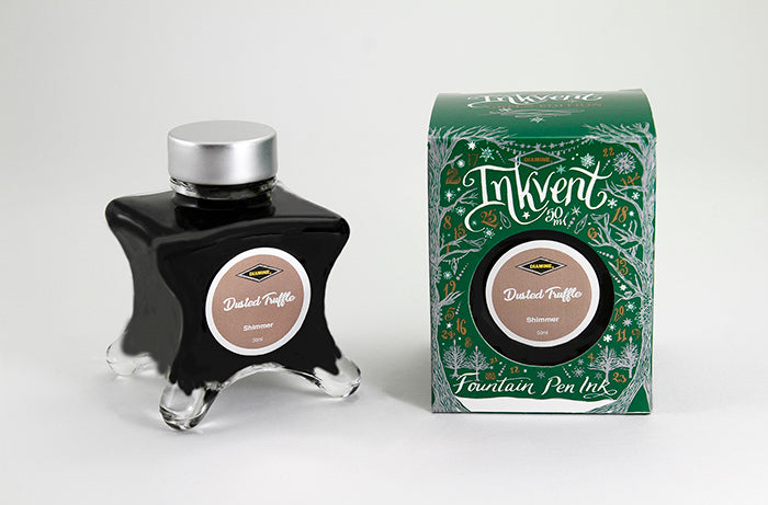 Diamine Dusted Truffle fountain pen ink bottle and packaging on a white background.