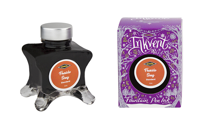 Diamine Fireside Snug fountain pen ink bottle and packaging on a white background.