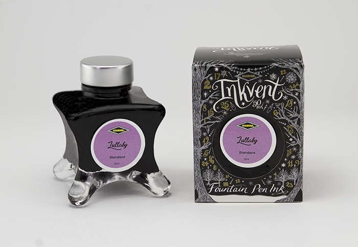 Diamine Lullaby fountain pen ink bottle and packaging on a white background.