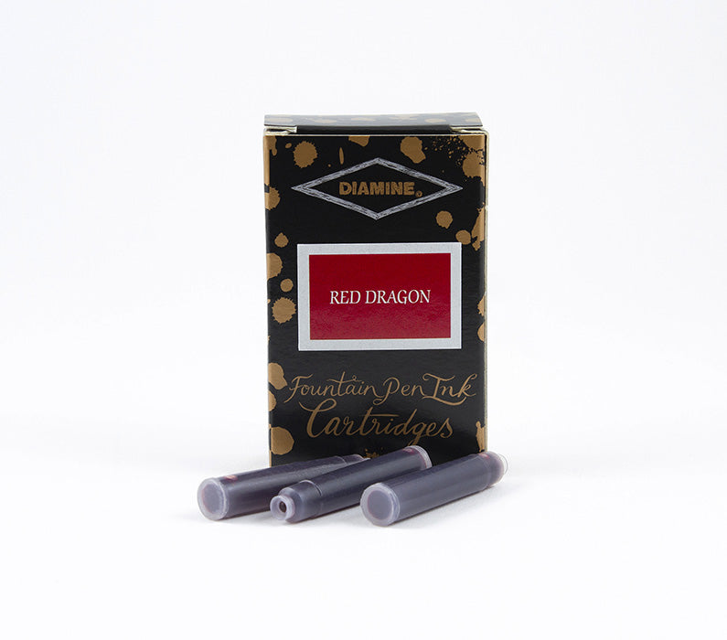 Diamine Red Dragon fountain pen ink cartridges and packaging box on a white background.