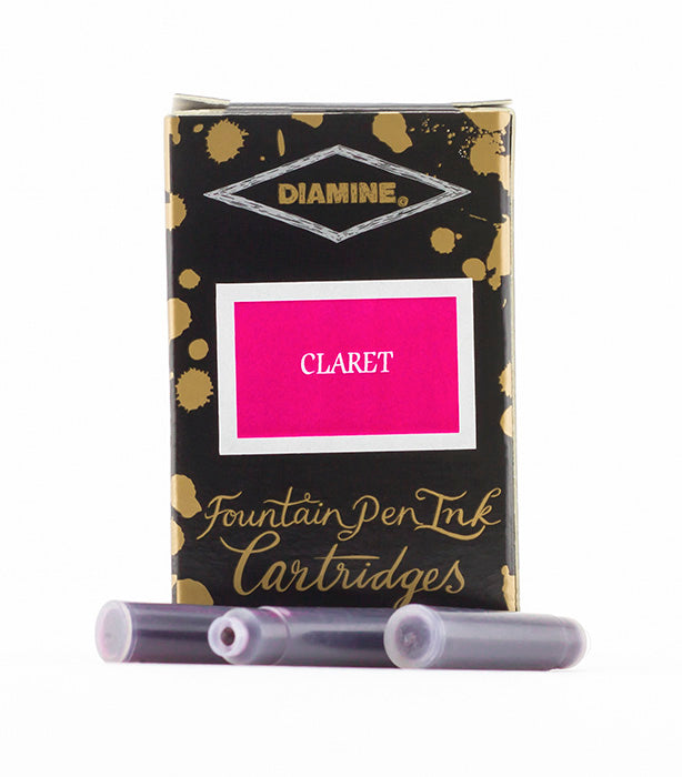 Diamine Claret fountain pen ink cartridges and packaging box on a white background.