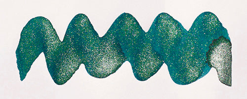 Wavy teal line on a white background. Diamine Peacock Flare fountain pen ink colour swatch.