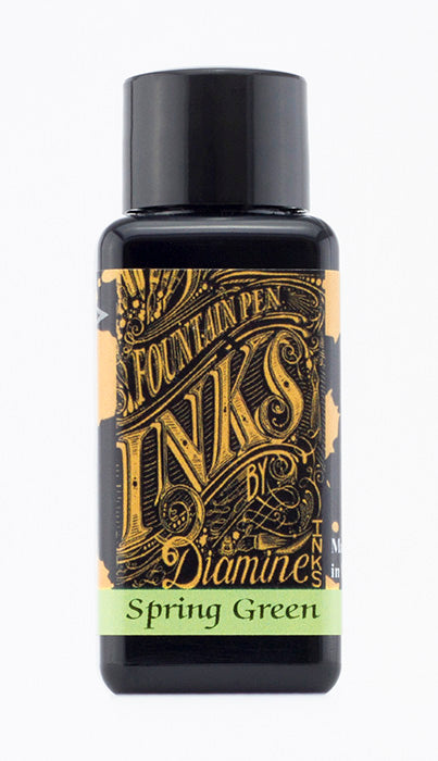 Diamine Spring Green fountain pen ink bottle and packaging on a white background.