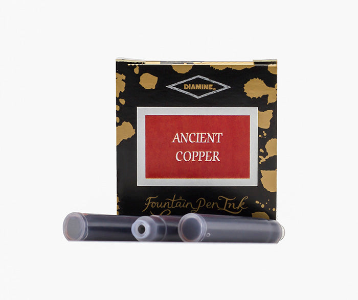 Diamine Ancient Copper fountain pen ink cartridges and packaging box on a white background.