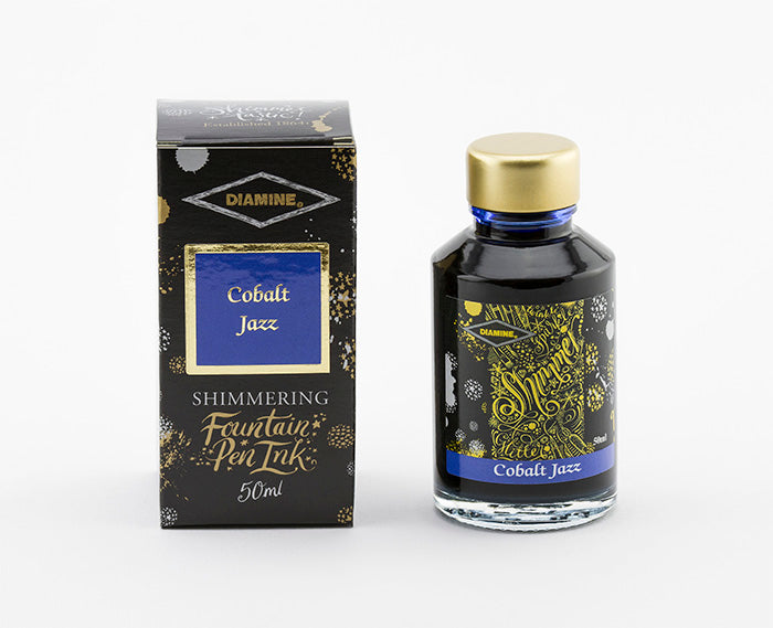Diamine Cobalt Jazz fountain pen ink bottle and packaging on a white background.