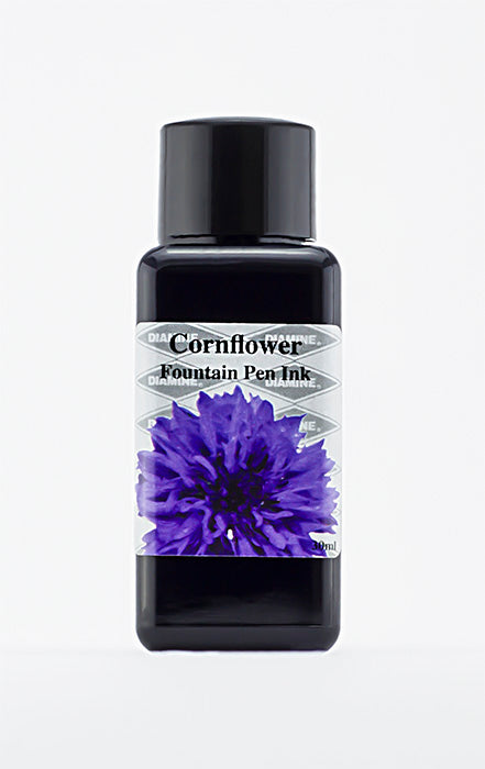 Diamine Cornflower fountain pen ink bottle and packaging on a white background.