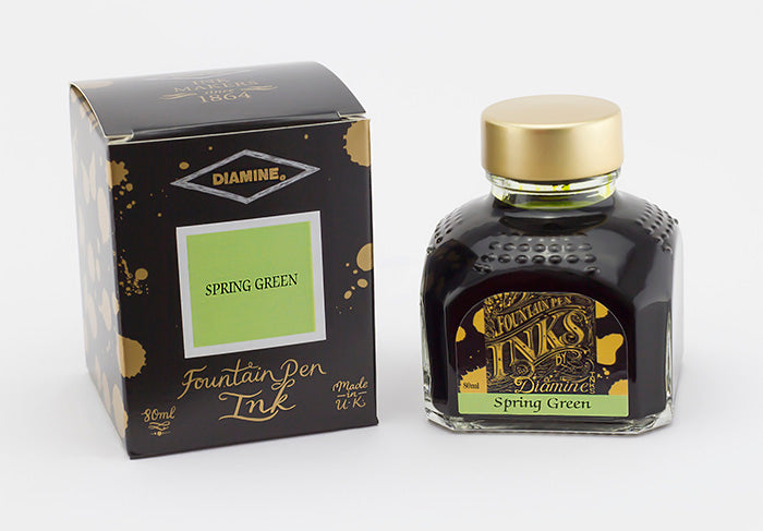 Diamine Spring Green fountain pen ink bottle and packaging on a white background.