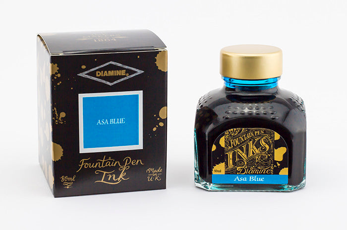 Diamine Asa Blue fountain pen ink bottle and packaging on a white background.