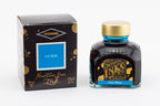 Diamine Asa Blue fountain pen ink bottle and packaging on a white background.