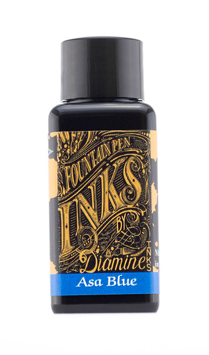 Diamine Asa Blue fountain pen ink bottle and packaging on a white background.