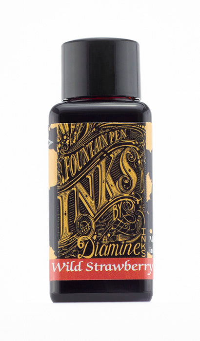 Diamine Wild Strawberry fountain pen ink bottle and packaging on a white background.