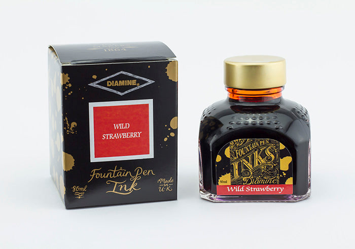 Diamine Wild Strawberry fountain pen ink bottle and packaging on a white background.