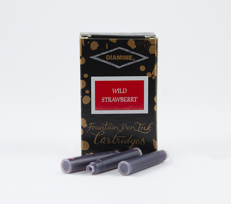 Diamine Wild Strawberry fountain pen ink cartridges and packaging box on a white background.