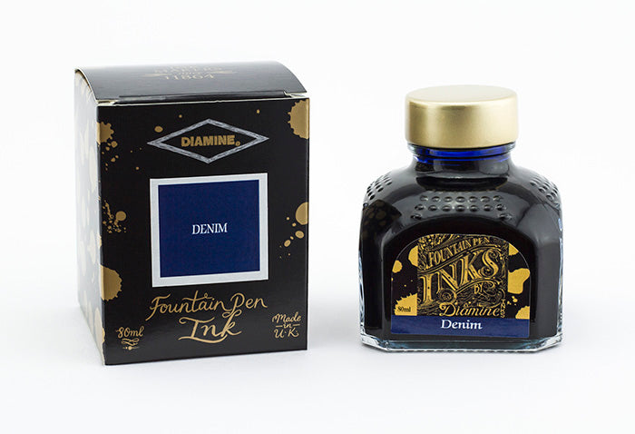 Diamine Denim fountain pen ink bottle and packaging on a white background.