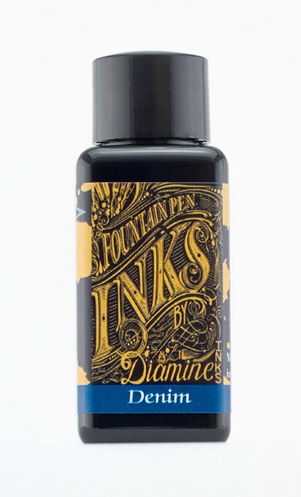 Diamine Denim fountain pen ink bottle and packaging on a white background.